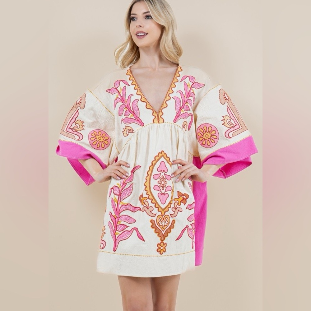 Neon Pink Long Sleeve V Neck Floral boho bohemian Embroidered Dress - Picture 13 of 13